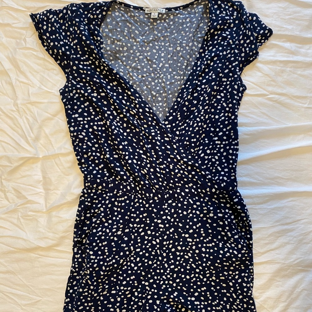 J Crew Navy and White Polkadot Jumpsuit